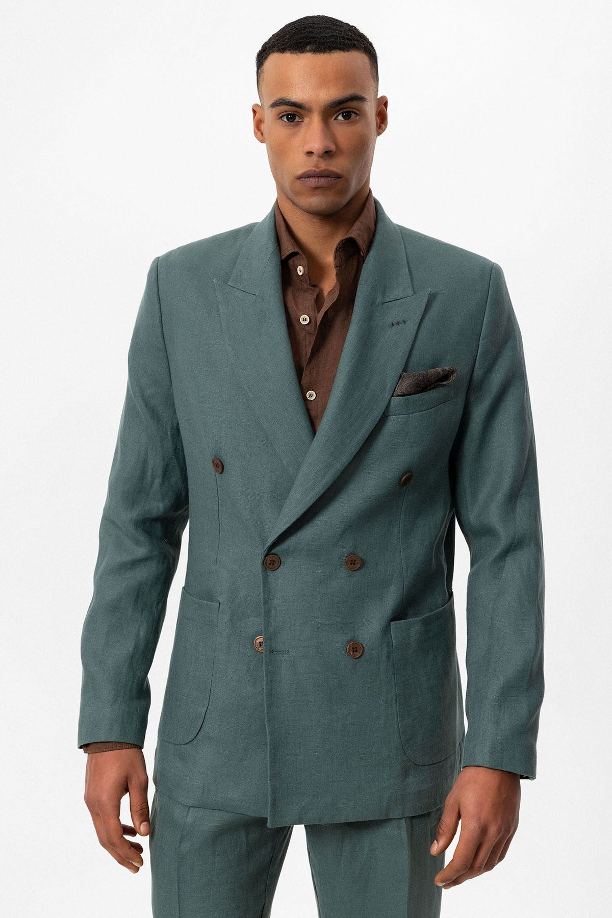 100% Keten Kruvaze Kapama Erkek Blazer Ceket