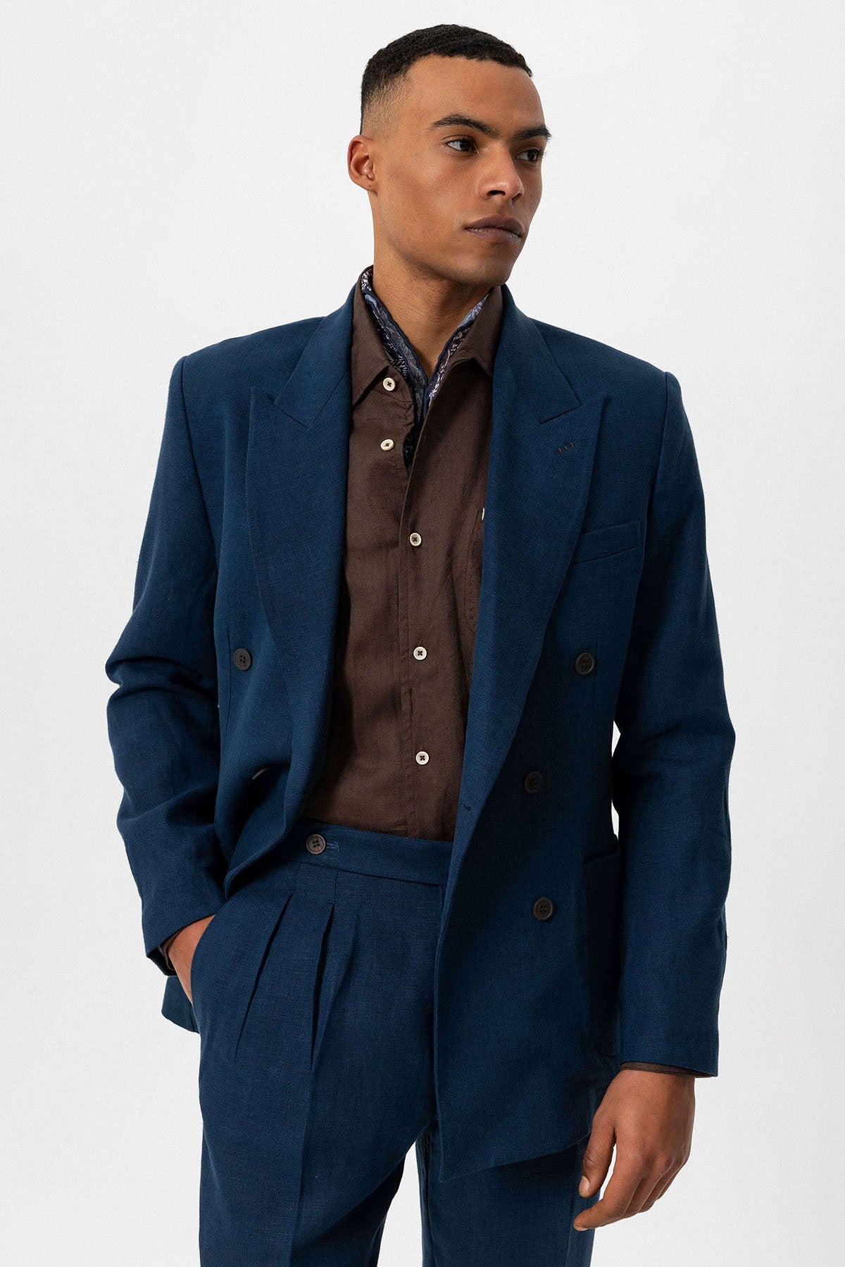 100% Keten Kruvaze Kapama Erkek Blazer Ceket