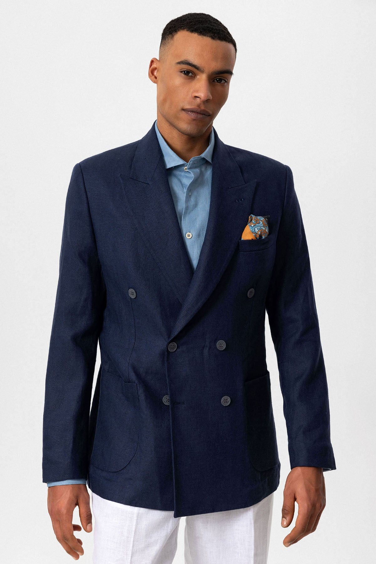 100% Keten Kruvaze Kapama Erkek Blazer Ceket