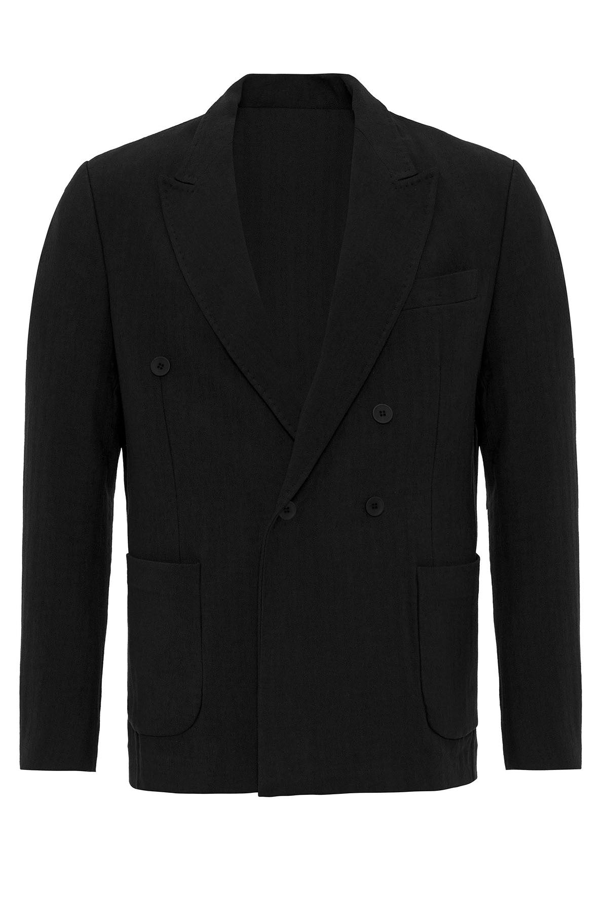 Antioch Siyah Kruvaze Kapama Keten Karışımlı Erkek Blazer Ceket