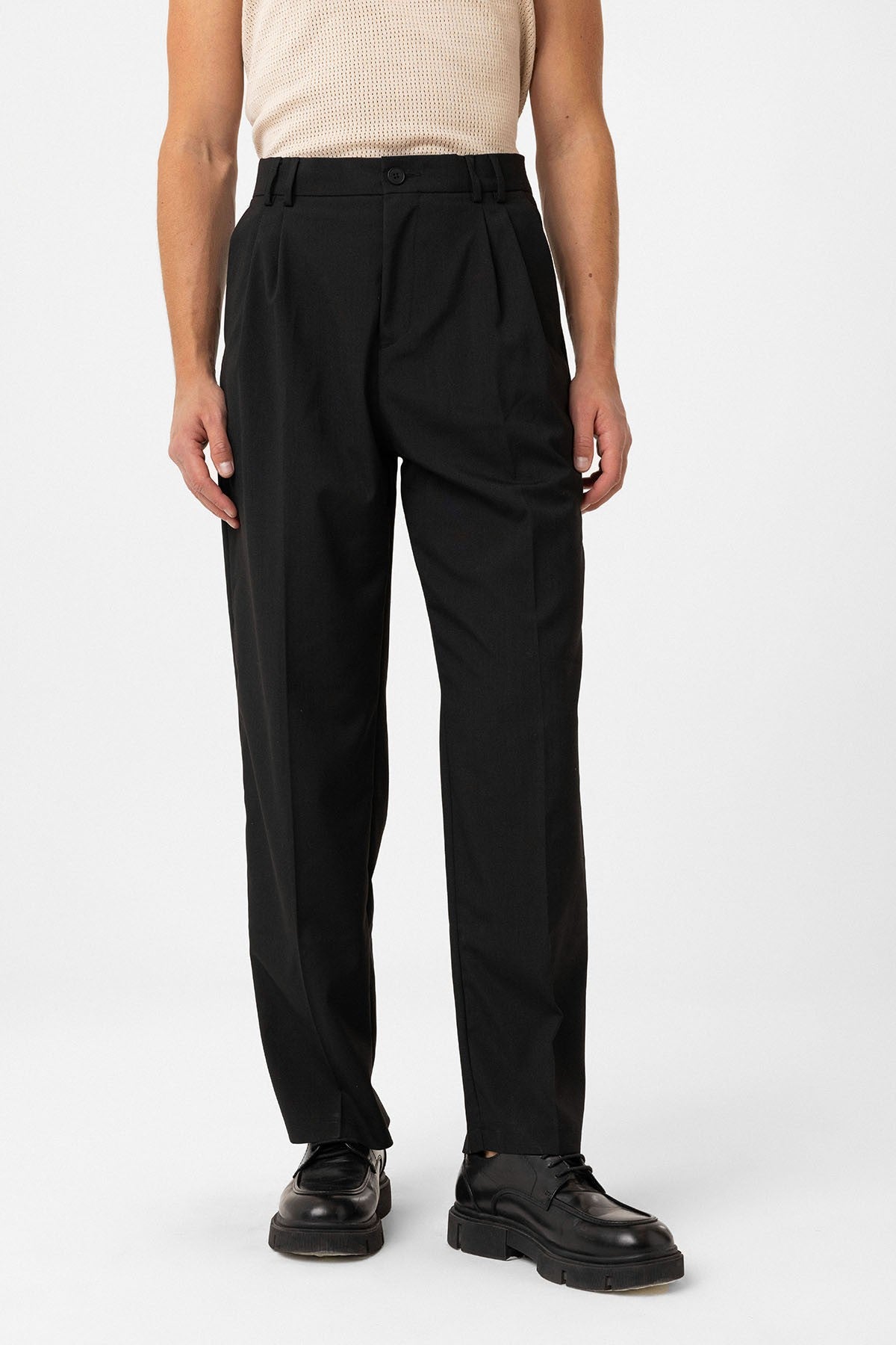 Antioch Siyah Çift Pileli Baggy Fit Erkek Pantolon
