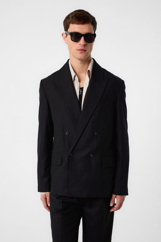 Antioch Siyah Relax Fit Keten Karışımlı Erkek Blazer Ceket
