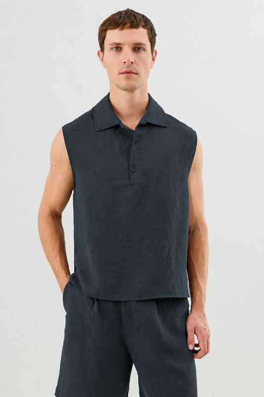 Lyocell Karışımlı Crop Fit Kolsuz Erkek Gömlek