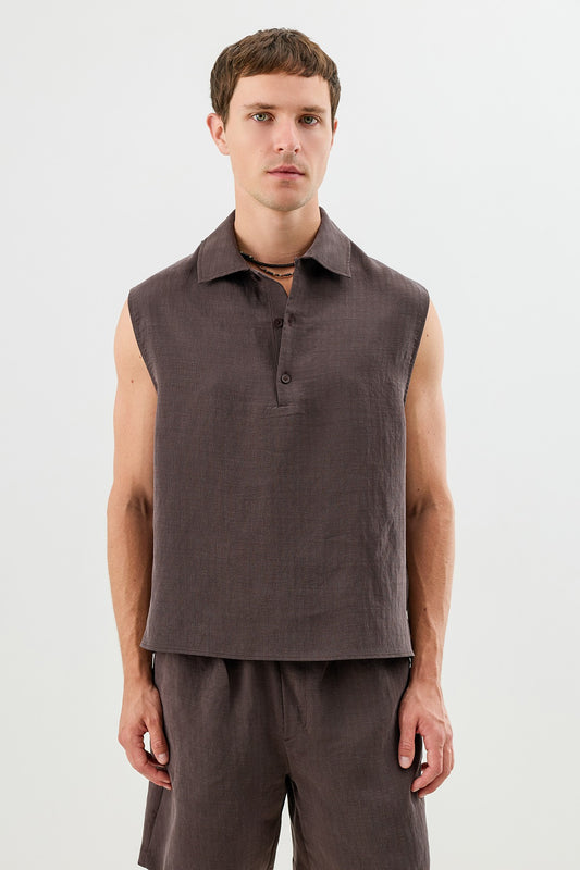 Lyocell Karışımlı Crop Fit Kolsuz Erkek Gömlek