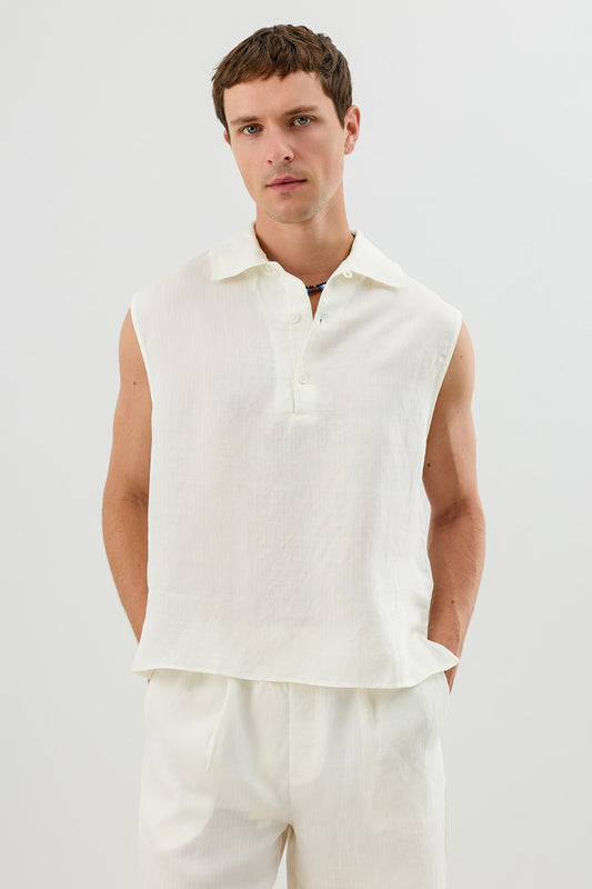 Lyocell Karışımlı Crop Fit Kolsuz Erkek Gömlek