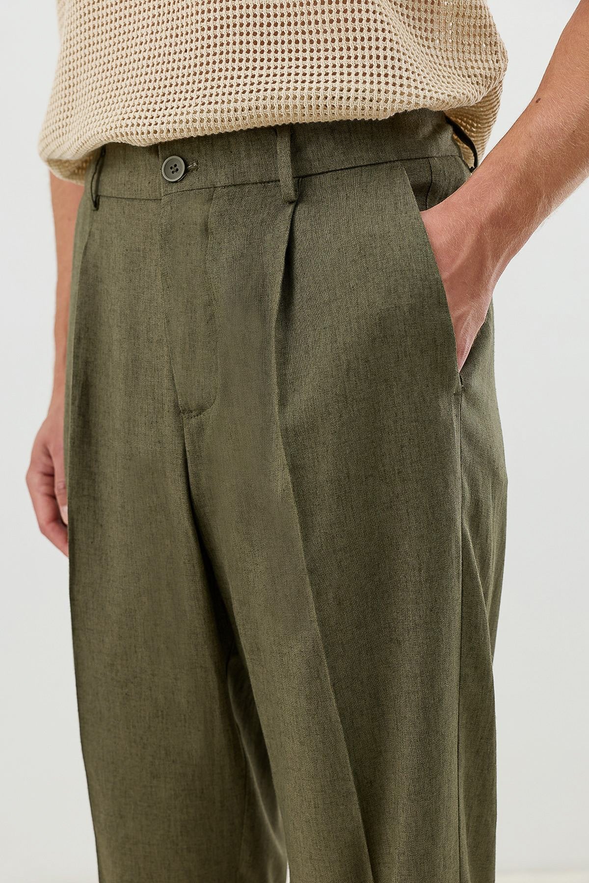 Keten Karışımlı Beli Lastikli Erkek Pantolon