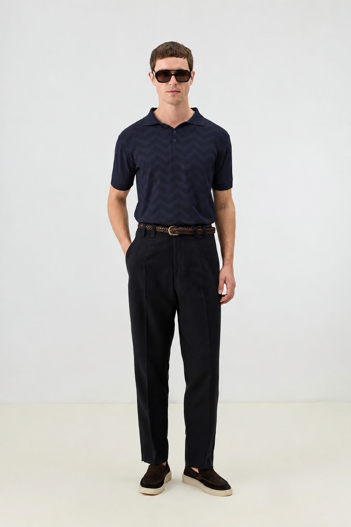 Zigzag Desenli Polo Yaka Triko Erkek T-Shirt