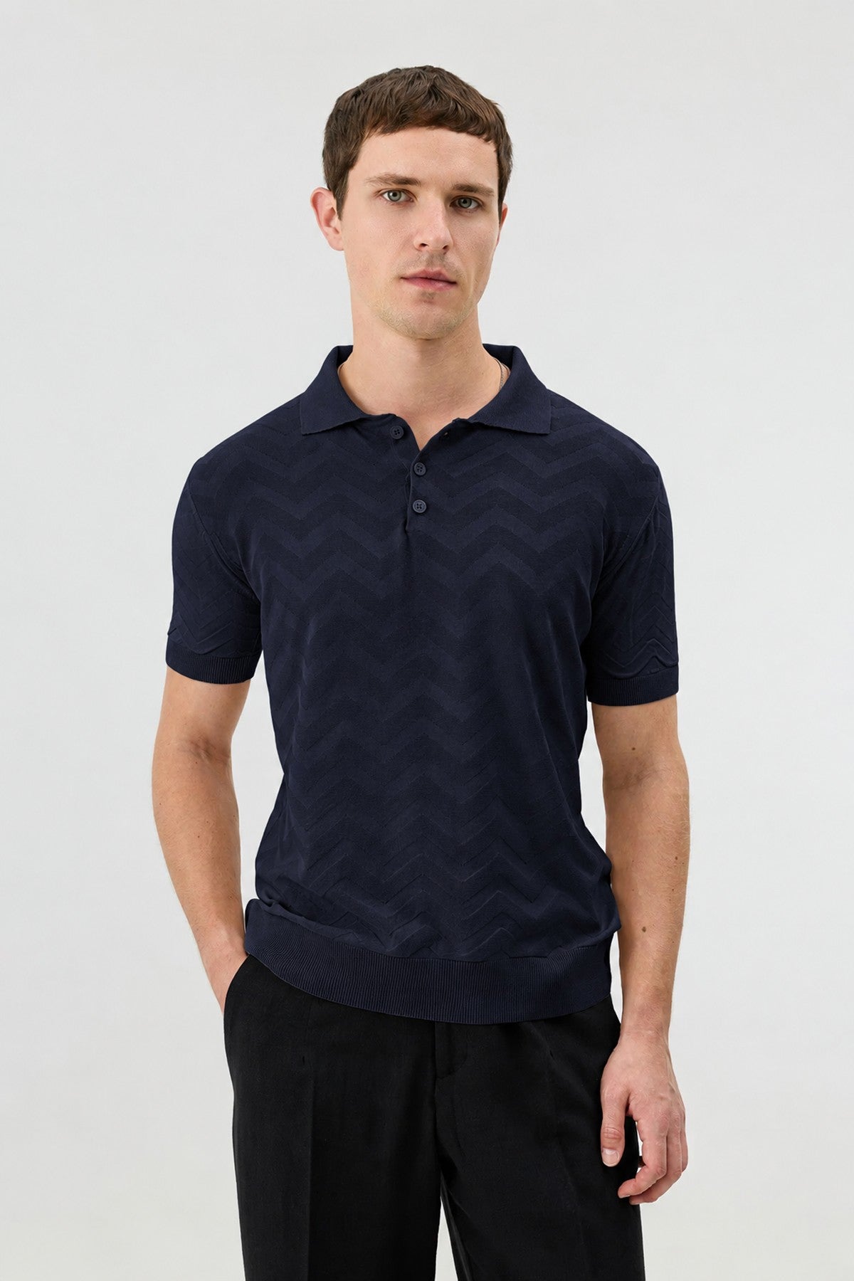 Zigzag Desenli Polo Yaka Triko Erkek T-Shirt