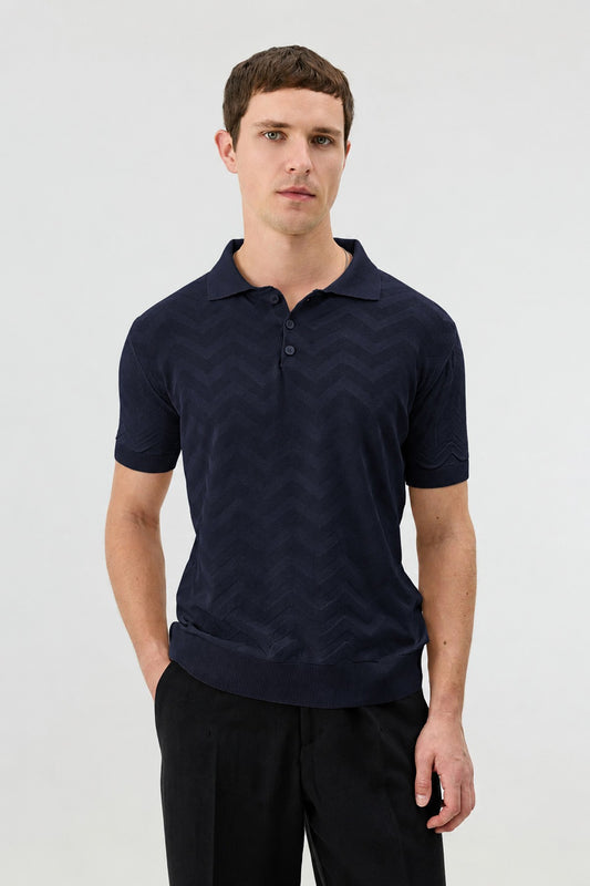 Zigzag Desenli Polo Yaka Triko Erkek T-Shirt