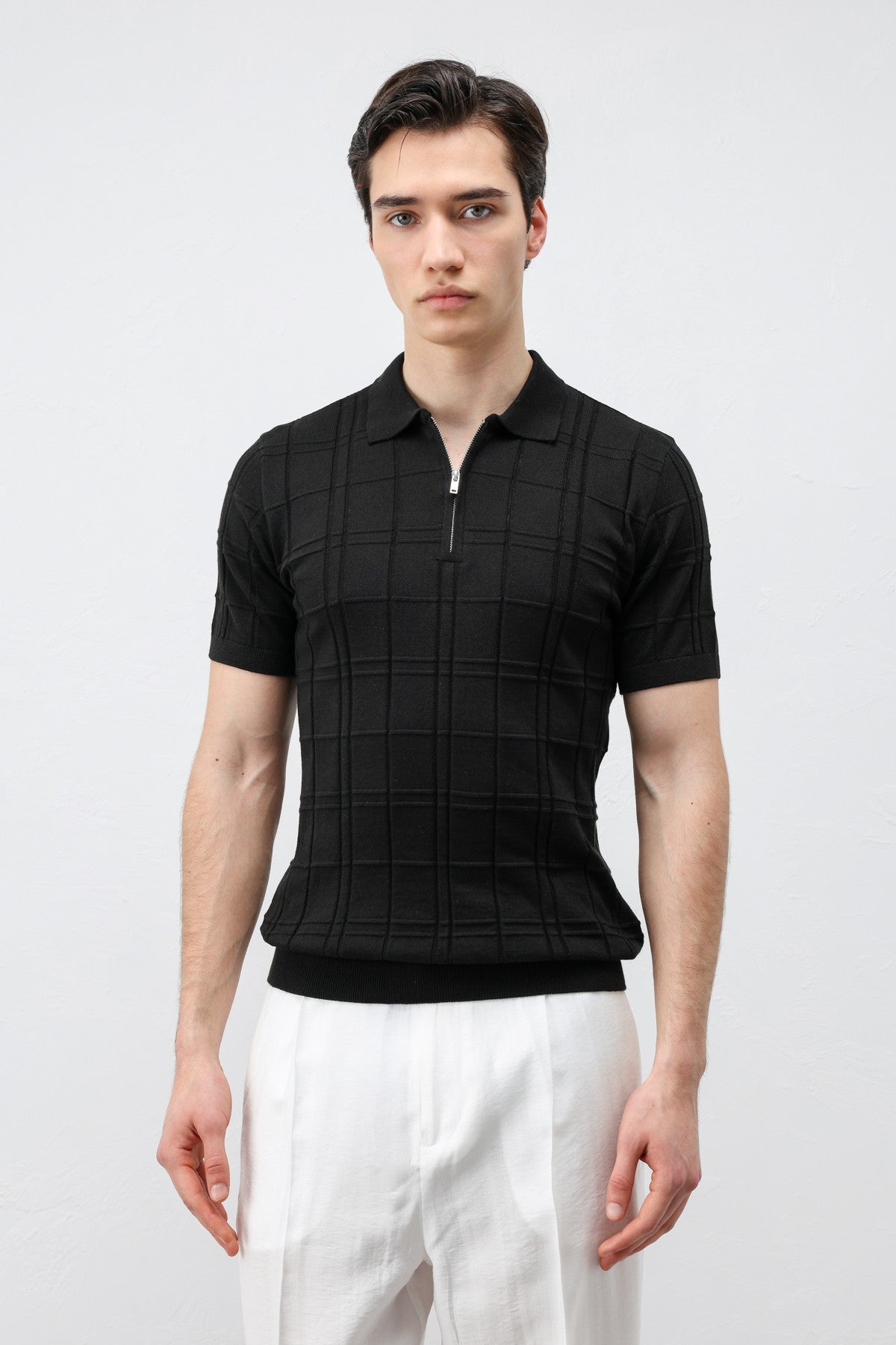 Antioch Siyah Kareli Desenli Erkek Triko T-Shirt