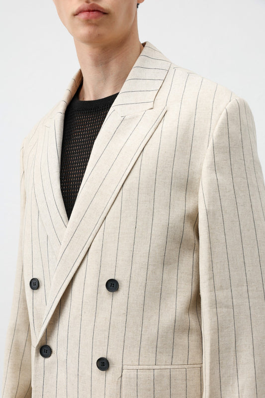 Antioch Keten Karışımlı Çizgili Erkek Blazer Ceket
