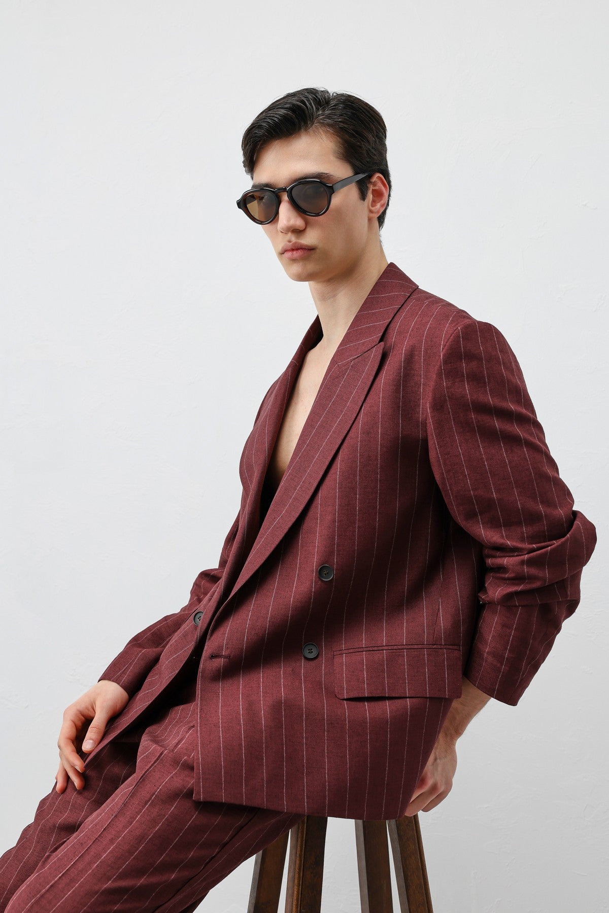 Antioch Keten Karışımlı Çizgili Erkek Blazer Ceket