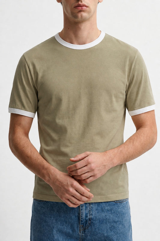 Antioch Haki Kontrast Yaka Erkek T-Shirt
