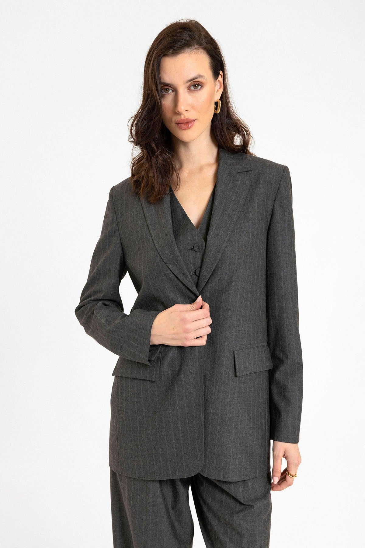 Antioch Kadın Tek Düğme Çizgili Blazer Ceket