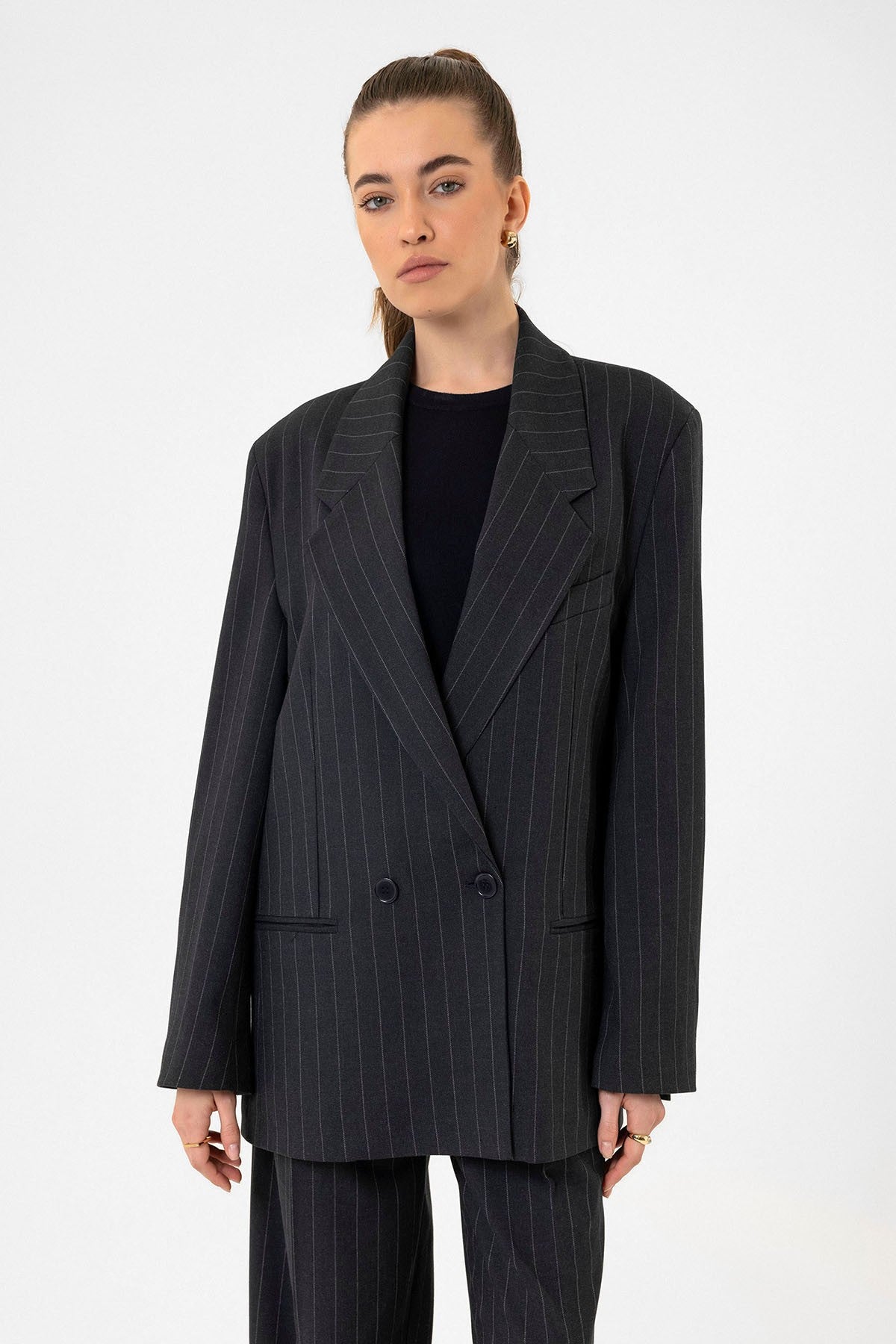 Antioch Kadın Çizgili Oversize Blazer Ceket