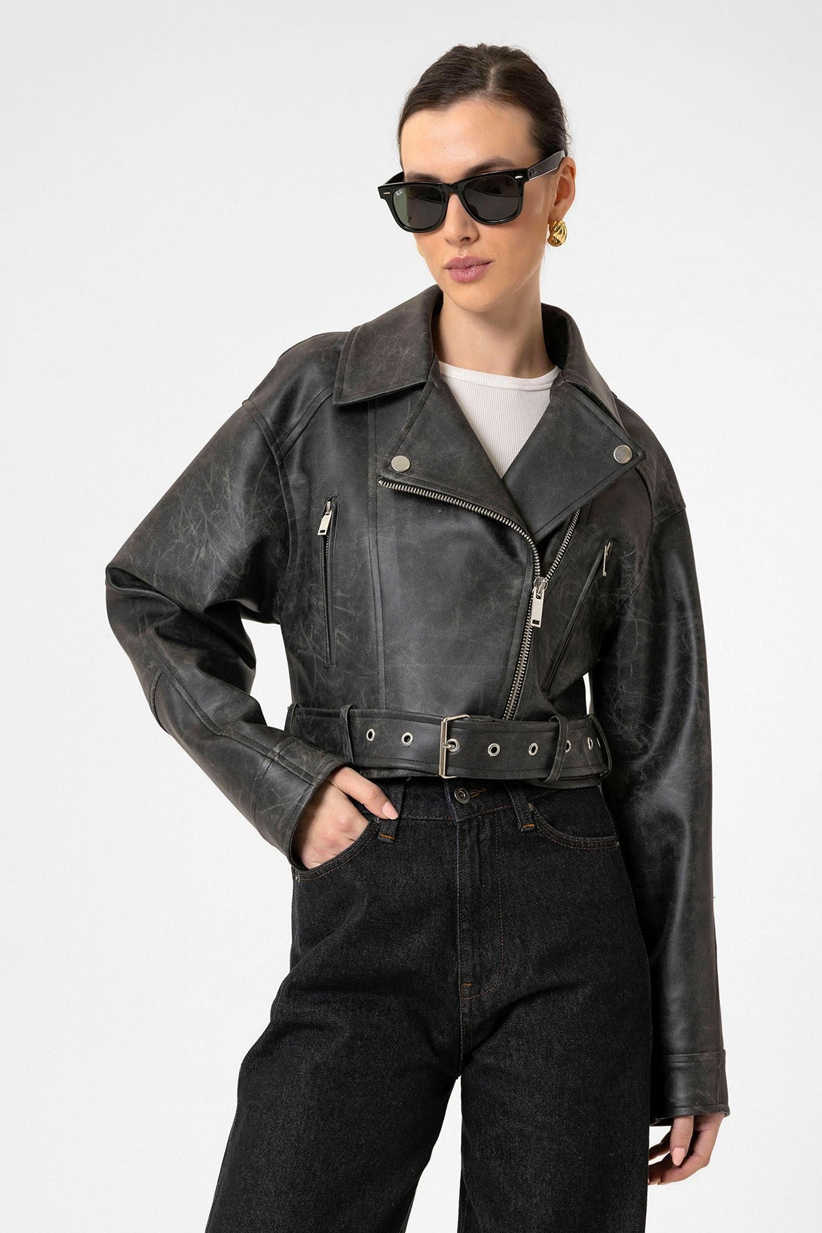 Antioch Kadın Suni Deri Crop Biker Ceket