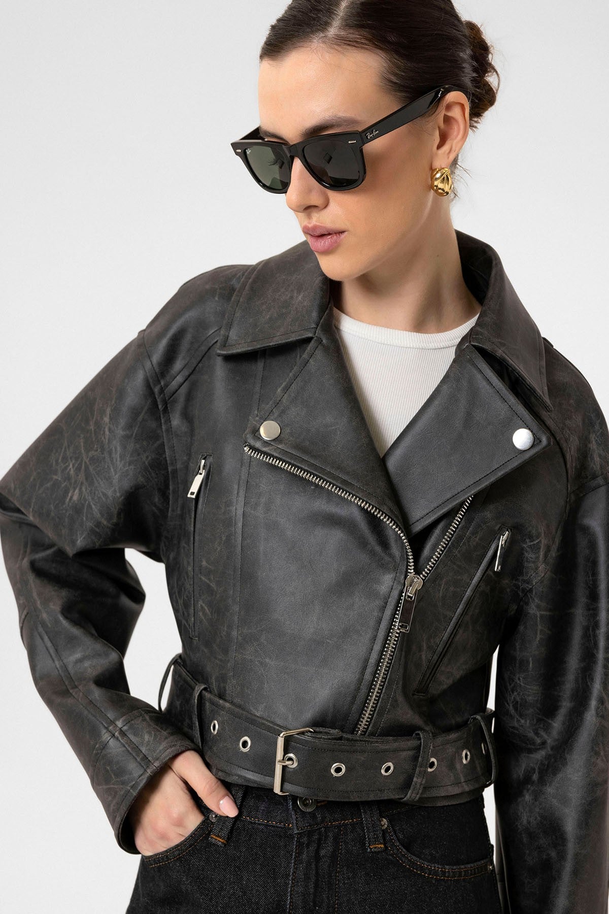 Antioch Kadın Suni Deri Crop Biker Ceket