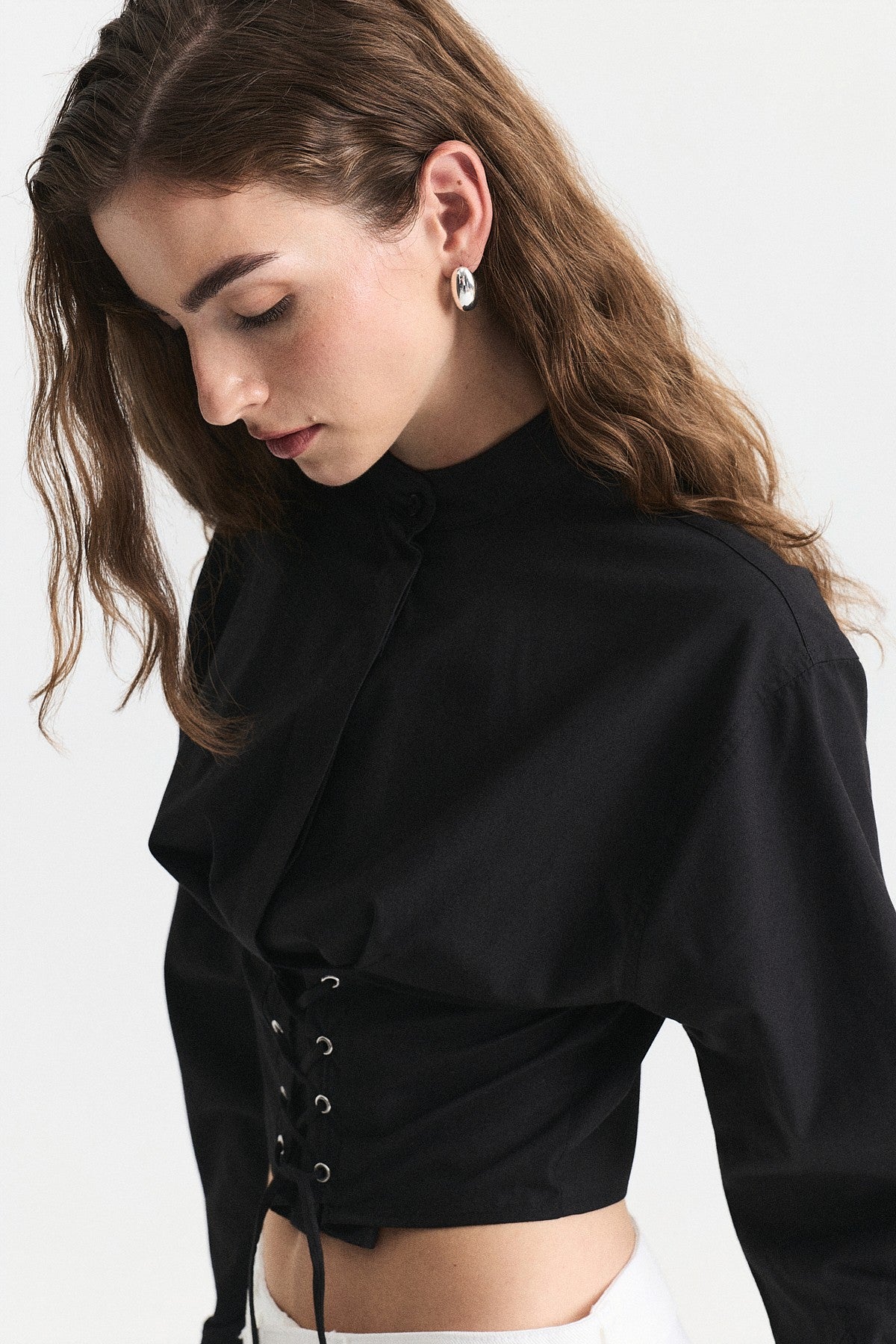 Bağcıklı Korse Detaylı Poplin Gömlek