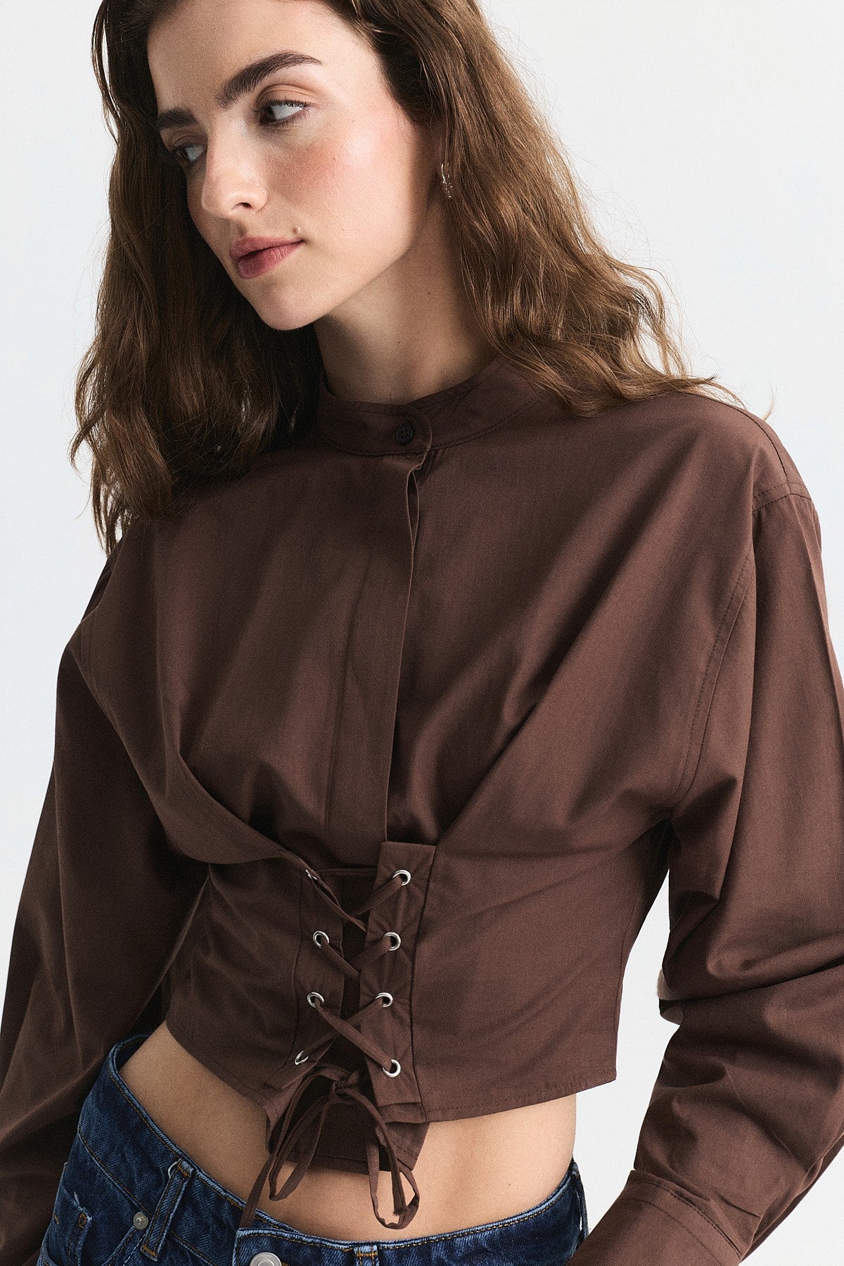 Bağcıklı Korse Detaylı Poplin Gömlek
