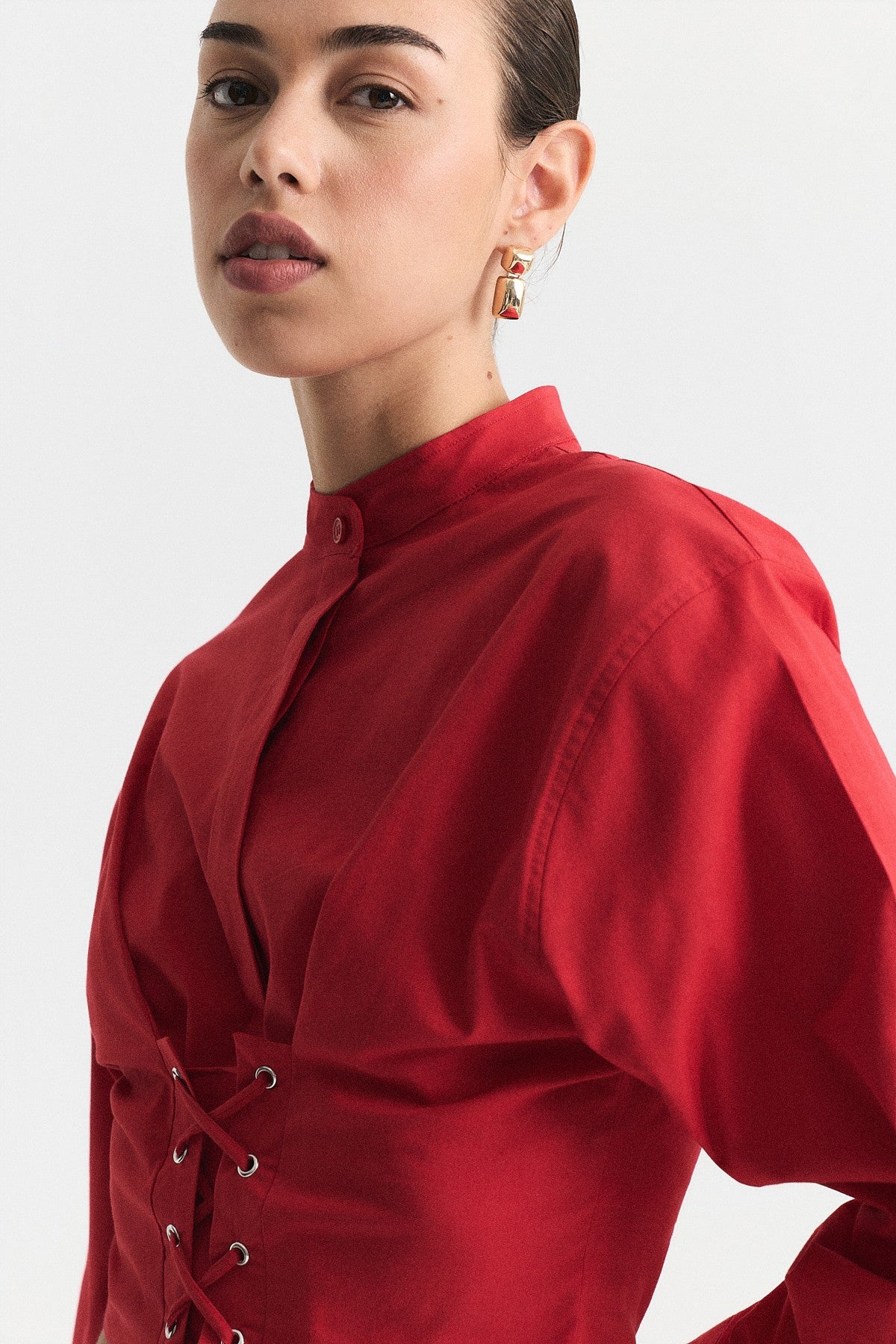Bağcıklı Korse Detaylı Poplin Gömlek