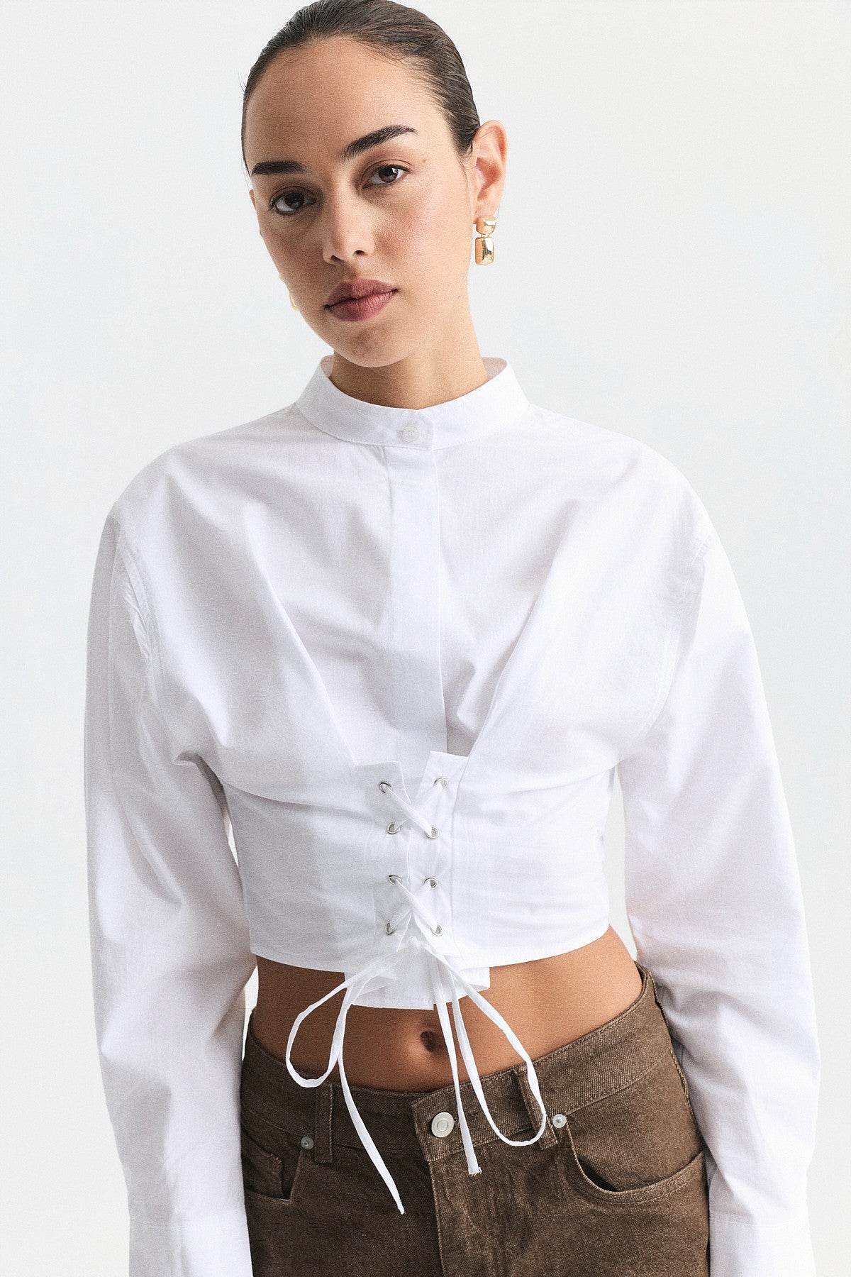 Bağcıklı Korse Detaylı Poplin Gömlek