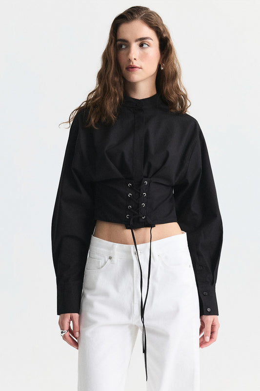 Bağcıklı Korse Detaylı Poplin Gömlek