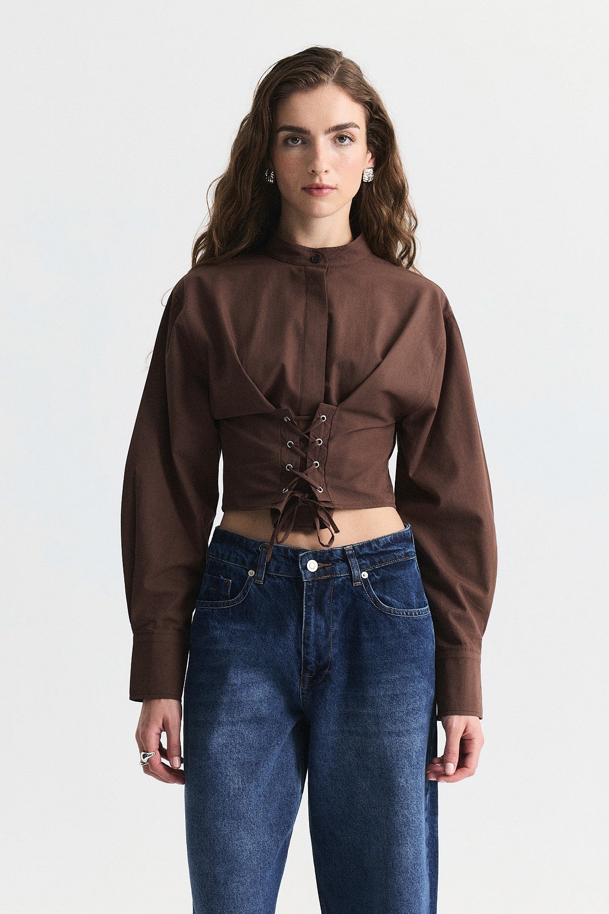 Bağcıklı Korse Detaylı Poplin Gömlek