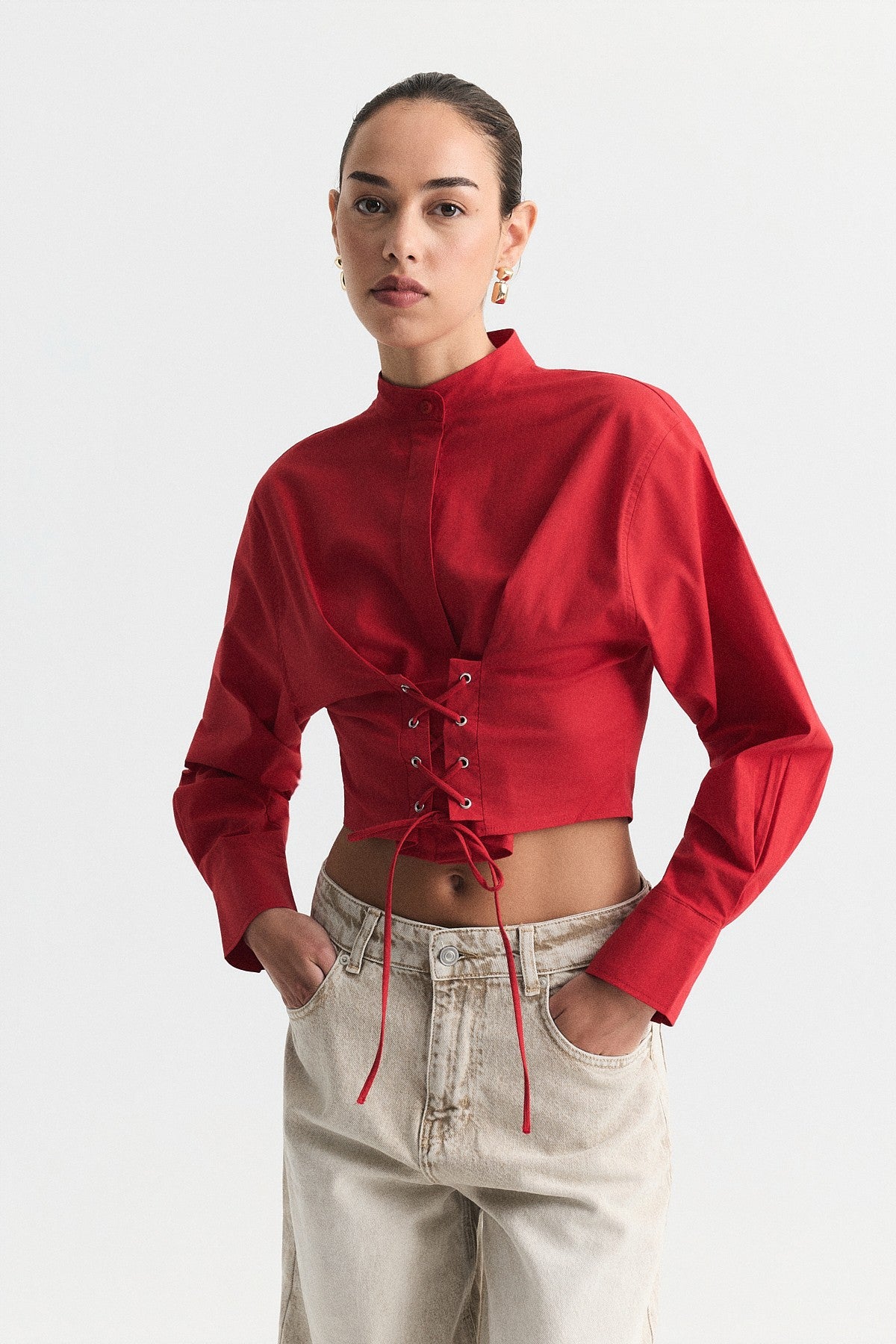 Bağcıklı Korse Detaylı Poplin Gömlek
