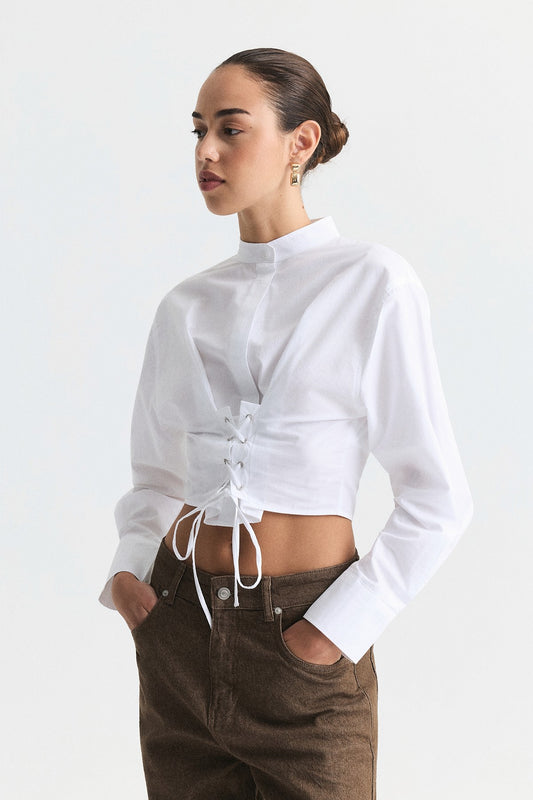 Bağcıklı Korse Detaylı Poplin Gömlek